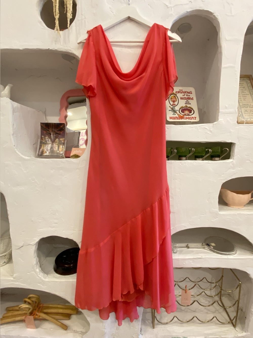 Y2K Vintage Fairy Coral Cowl Neck Midi Dress with Ruffle Hem and Split Sleeves